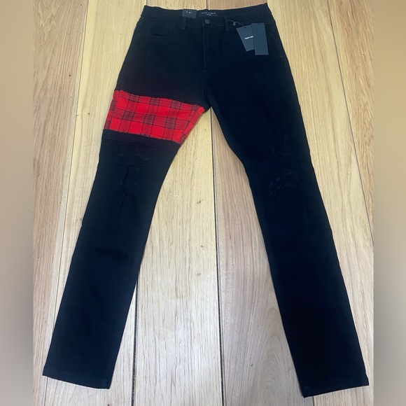 Saint Morta Sideline Distressed Skinny Jeans Men’s 34 Black/ Red Tartan - Picture 9 of 15